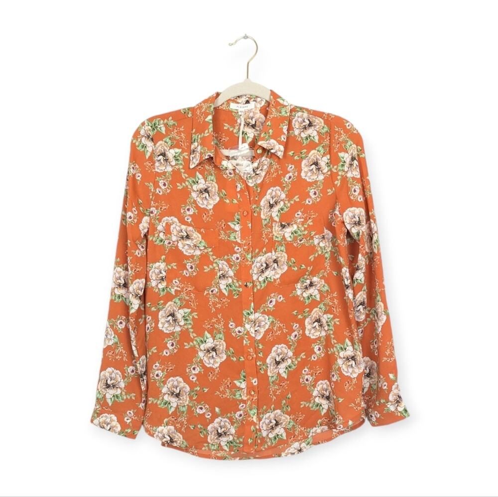 NWT Pleione Orange Floral Print Long Sleeve Button Down Blouse